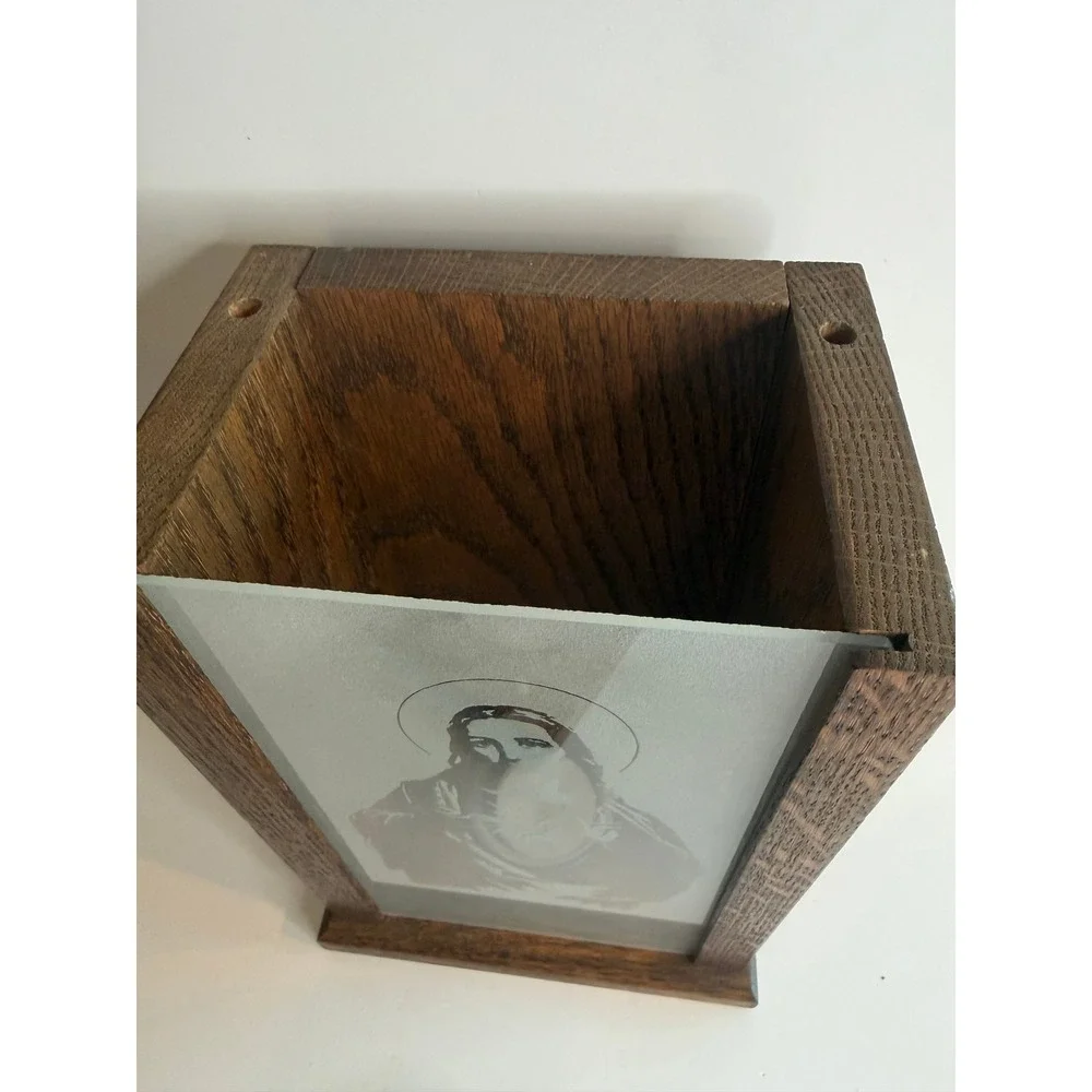 Handcrafted Solid Oak Sacred Heart Jesus Votive Candle Holder Etched Frost Glass